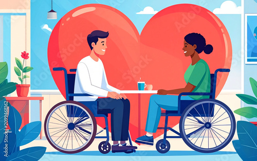 Inclusive Couple in Wheelchairs Sharing a Romantic Date Flat Illustration