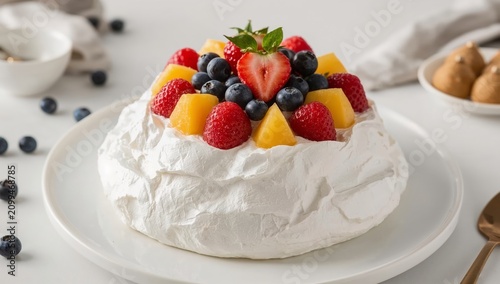 Dessert With Fruits on Top Placed on a Plate in a Kitchen Setting