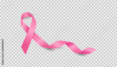 Realistic pink ribbon symbol for breast cancer awareness month isolated on transparent background for design use