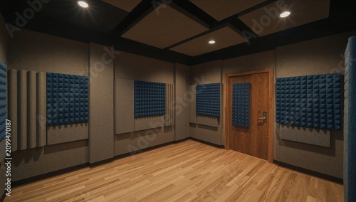 Soundproof Recording Studio With Blue Acoustic Panels and Wooden Door
