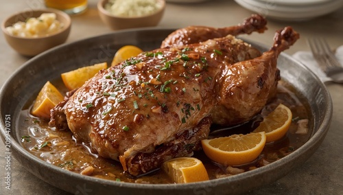 Roasted Chicken Served With Oranges on a Platter at a Dining Table During a F...