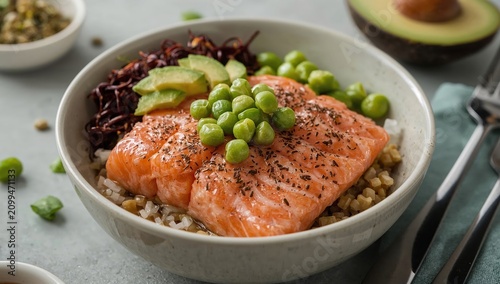 Bowl With Rice, Salmon, Avocado, and Green Peas on a Table With Utensils and ...