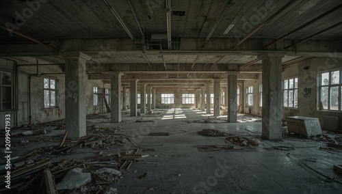 Exploration of an Abandoned Building With Broken Windows and Scattered Debris