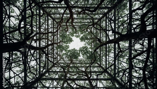 Looking up Through Trees in a Forest Structure With Branches Framing a Clear Sky