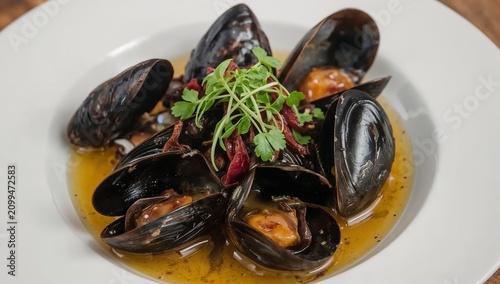 Mussels Served in a White Bowl With Lemon on the Side and Garnishes on a Dark...