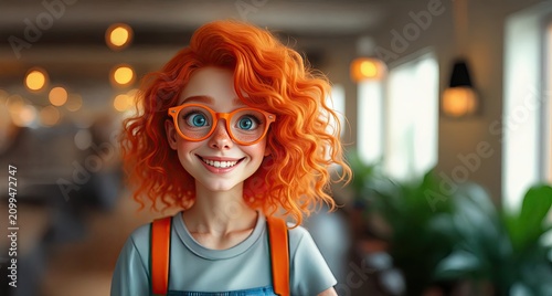 Smiling girl with curly hair wearing glasses in cafe student lifestyle