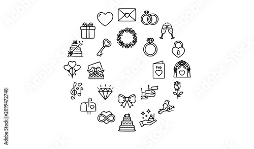 Modern Romantic Outline Icons Collection with Wedding Love Heart Gift and Valentine Symbols Vector