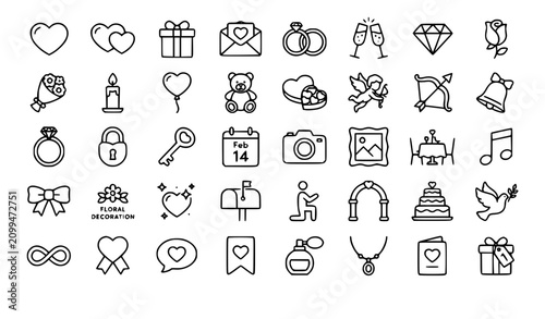 Luxury Love Line Icons Vector Set Featuring Wedding Romance Gift Heart and Valentine Outline Elements