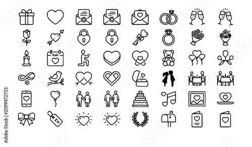 Premium Love and Romance Line Icons Set with Wedding Gift Heart Letter and Valentine Outline Symbols Vector