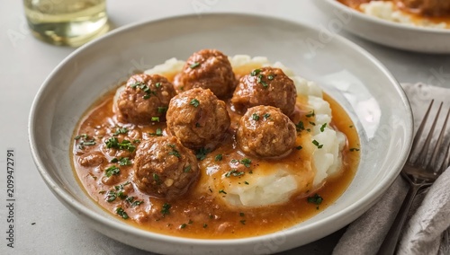 Dinner With Meatballs and Mashed Potatoes Served on a Plate During a Home Mea...