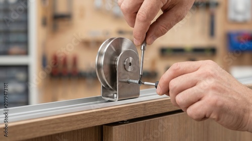 Hands using a screwdriver to tighten a screw on a metal sliding door roller mechanism