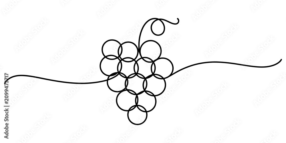 Obraz premium Minimalist continuous single line drawing of a bunch of grapes representing wine and healthy fresh fruit food icon for simple logo design and creative art Vector, illustration