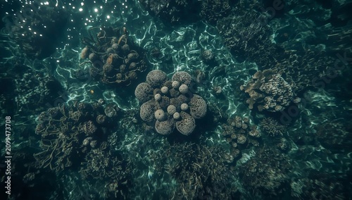 Coral Formations Under Clear Water in a Shallow Ocean Setting During Daytime