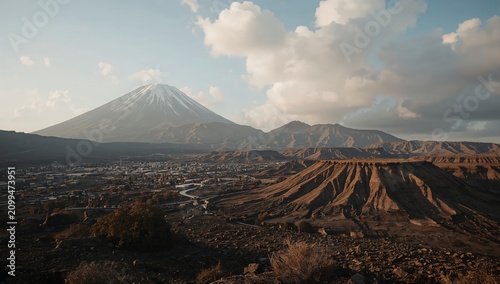 Mount Fuji Stands Tall Behind the Landscape at Dusk With Clouds Above and a C...