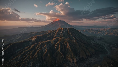 Mount Semeru Erupts in East Java During Sunset With Clouds Above and Surround...
