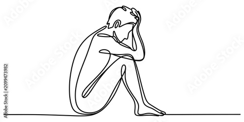 Foto Sad man sitting alone and feeling depressed continuous line drawing Vector, illu