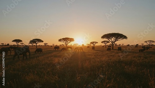 Elephants Graze in the Grasslands Under the Sunset in Africa