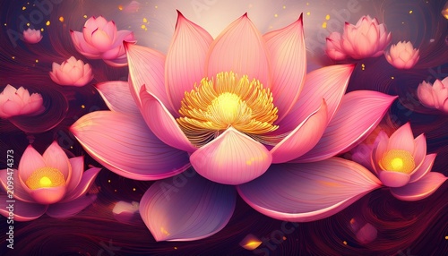 a digital artwork of pink lotus flowers with yellow centers