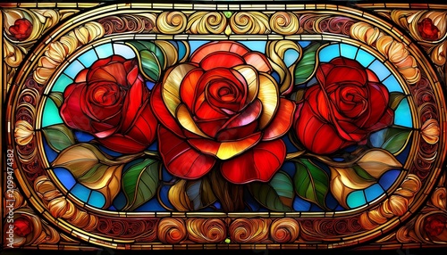 vibrant red roses adorn stained glass mosaic with ornate gold swirls