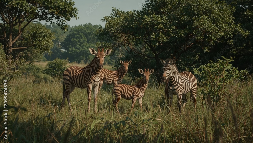 Obraz premium Zebras Stand Together in a Grassy Area During Daytime Under Clear Skies in a Natural Setting