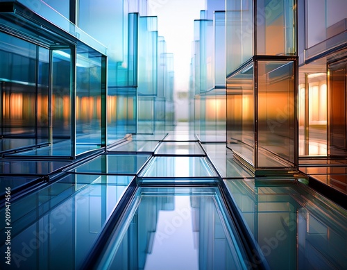 transparent glass panes stacked in rows creating artistic abstract perspective with perspective translucent