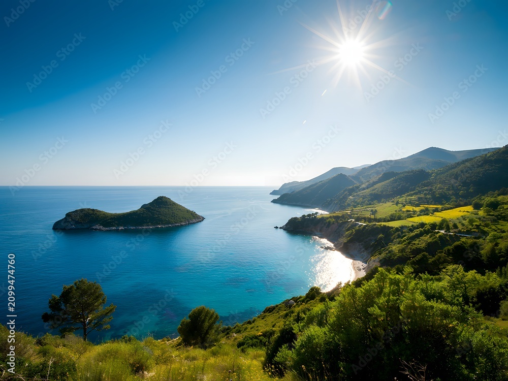 Fototapeta premium Tropical beach with palm trees and turquoise sea for travel and vacation concept, sunny day landscape