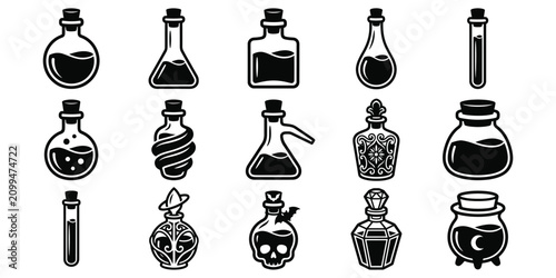 Fotografie Spooky halloween potions and elixirs black silhouette vector set for witchcraft