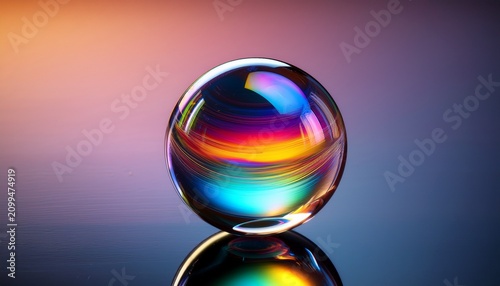 glass sphere with iridescent sheen on reflective surface
