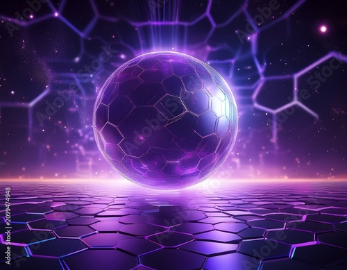purple glowing sphere on hexagonal floor cosmic particles float nearby in dark space