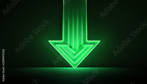 green neon arrow curves downward glowing against a dark background