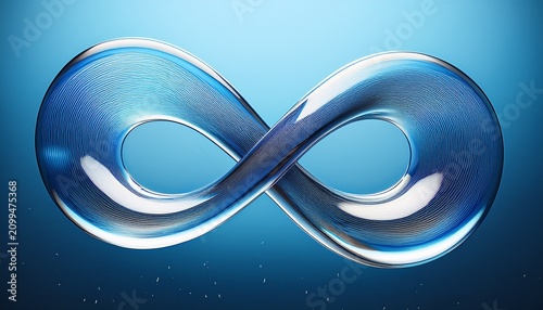 abstract infinity created from flowing transparent liquid against a light blue gradient background with infinity