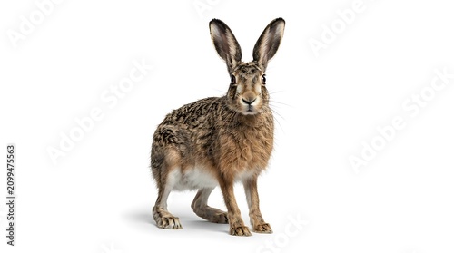 A European hare with long ears and brown fur stands facing forward on a white background