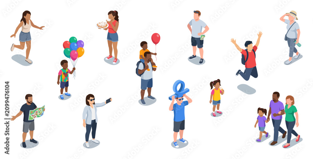 Fototapeta premium Theme park visitors character set with diverse people enjoying amusement park activities and leisure | Isometric vector illustration