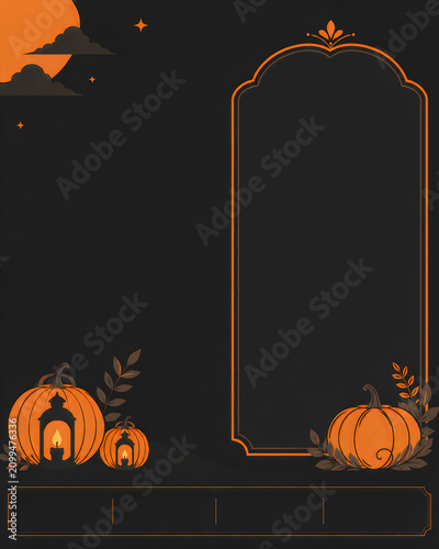 Halloween themed template with pumpkins and lanterns on black background for spooky designs