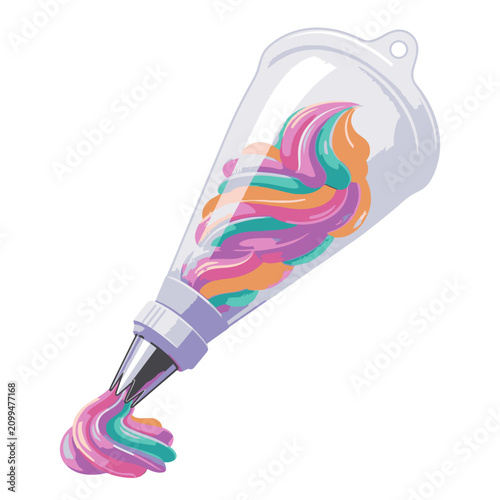 A piping bag filled with colorful frosting, with a swirl of frosting being squeezed out of the tip