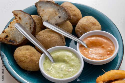 Papas arrugadas with mojos, Lanzarote island, Canary islands, Spain