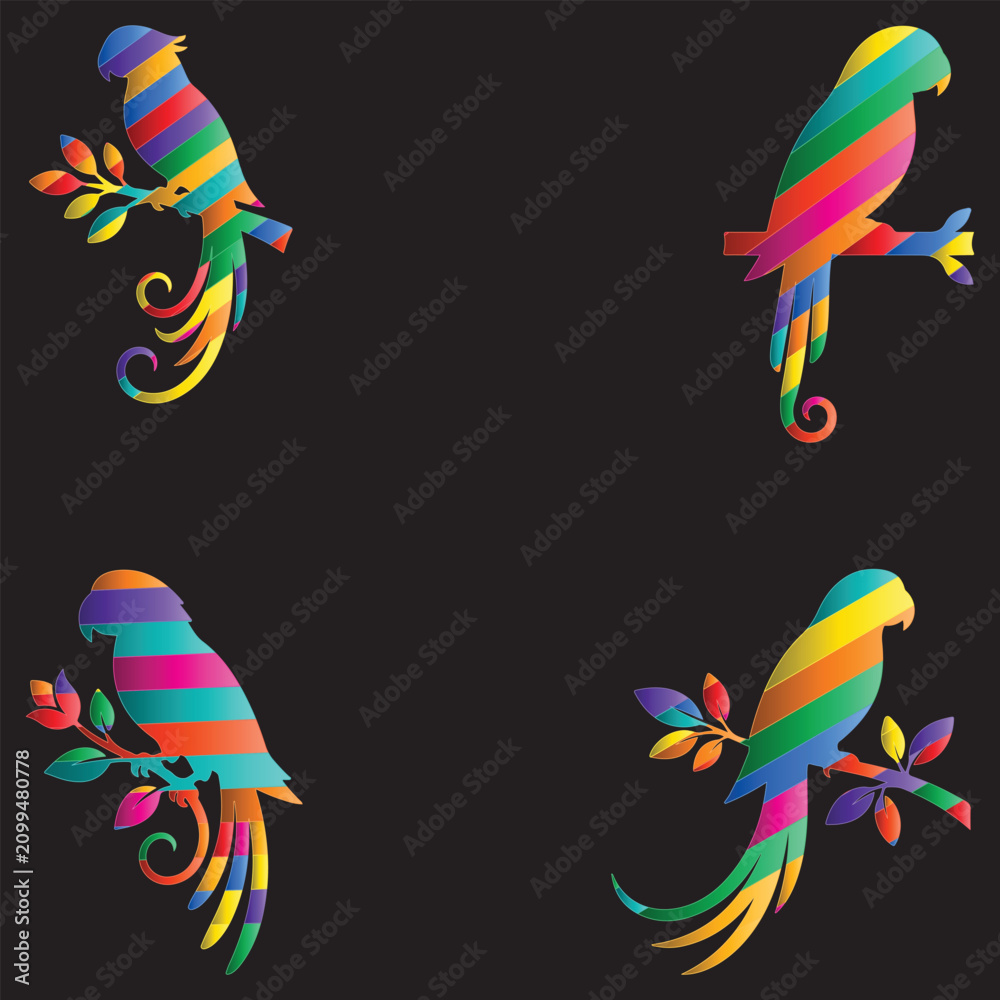 Fototapeta premium Colorful Gradient Parrot Bird Silhouette Vector Set on Tree Branches for Logo, T-Shirt, Sticker, Wall Art and Tropical Wildlife Design.
