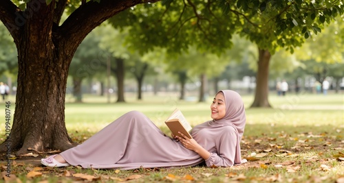 Beautiful Asian muslim woman relaxing in the park under the tree, cheerful muslim woman laying - sitting on the ground and reading a book.
