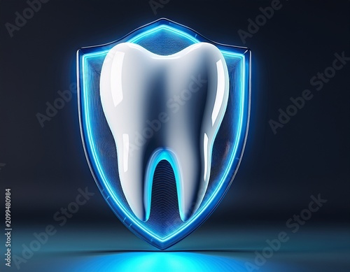 3d render of white molar tooth protected by glowing blue shield isolated