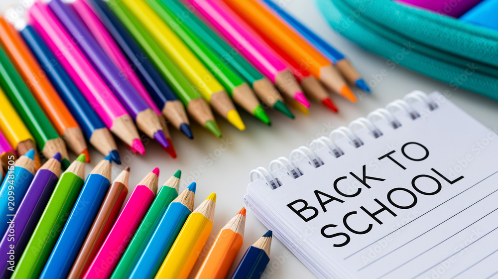 Fototapeta premium Colorful back to school supplies and text on white background for educational marketing, stationery concept, product photography, clean white background, with copy space