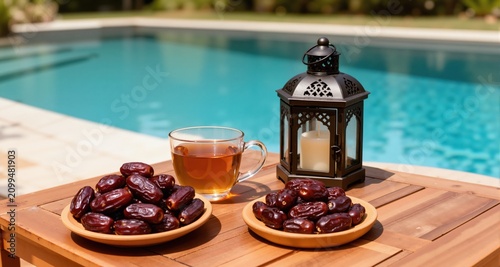 Outdoor tea with dates, lantern, pool
