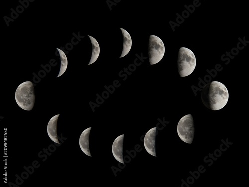 Lunar cycle phases, moon orbit sequence, astronomy and space, lunar surface