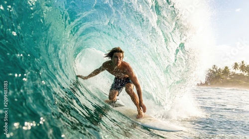 caucasian man surfing inside large blue barrel wave. extreme water sports action, summer ocean adventure, tropical beach vacation. active lifestyle, skill. banner, website header.