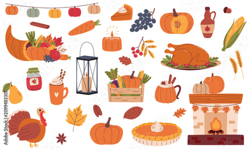 Thanksgiving Clipart Collection with Autumn Harvest Elements Vector Set