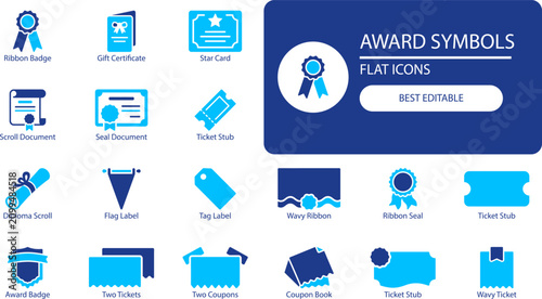 Cuadro en lienzo Award symbols flat icons collection including ribbon badge gift certificate star card scroll document seal document ticket stub diploma scroll flag label tag wavy ribbon ribbon seal two tickets