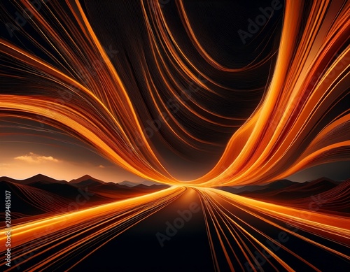 orange light trails abstractly flow over a wavy black landscape background
