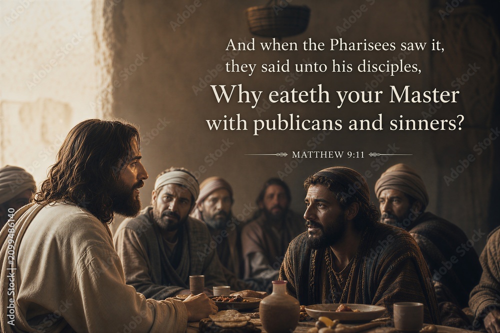 Obraz premium Jesus' Compassion: Matthew 9:11 Bible Verse on Fellowship with Publicans and Sinners, Displayed with Elegant Typography.