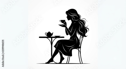 Foto Silhouette of a beautiful woman sitting at a table drinking tea