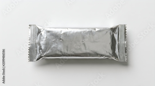 Blank silver metallic snack bar wrapper top view with packaging, metallic