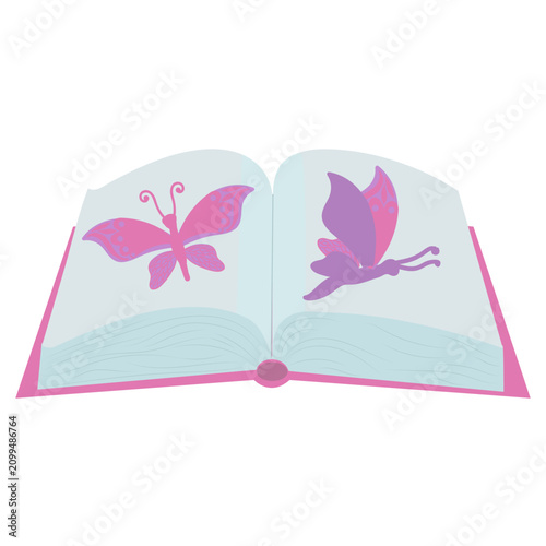 Book spread featuring pink butterflies. Vector illustration isolated on white background.
